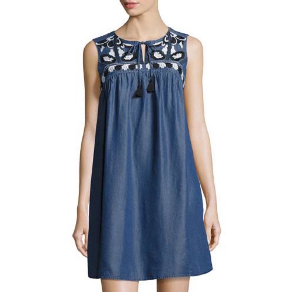 Cece 🌈 Embroidered Chambray Dottie Shift Dress in Caviar Denim - Picture 3 of 16